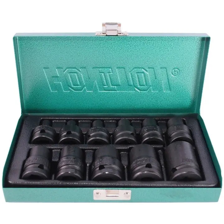 Slagpipenøkler 1/2" Torx sett, ti sorte metallpiper i grønn koffert med tilpasset skuminnsats.