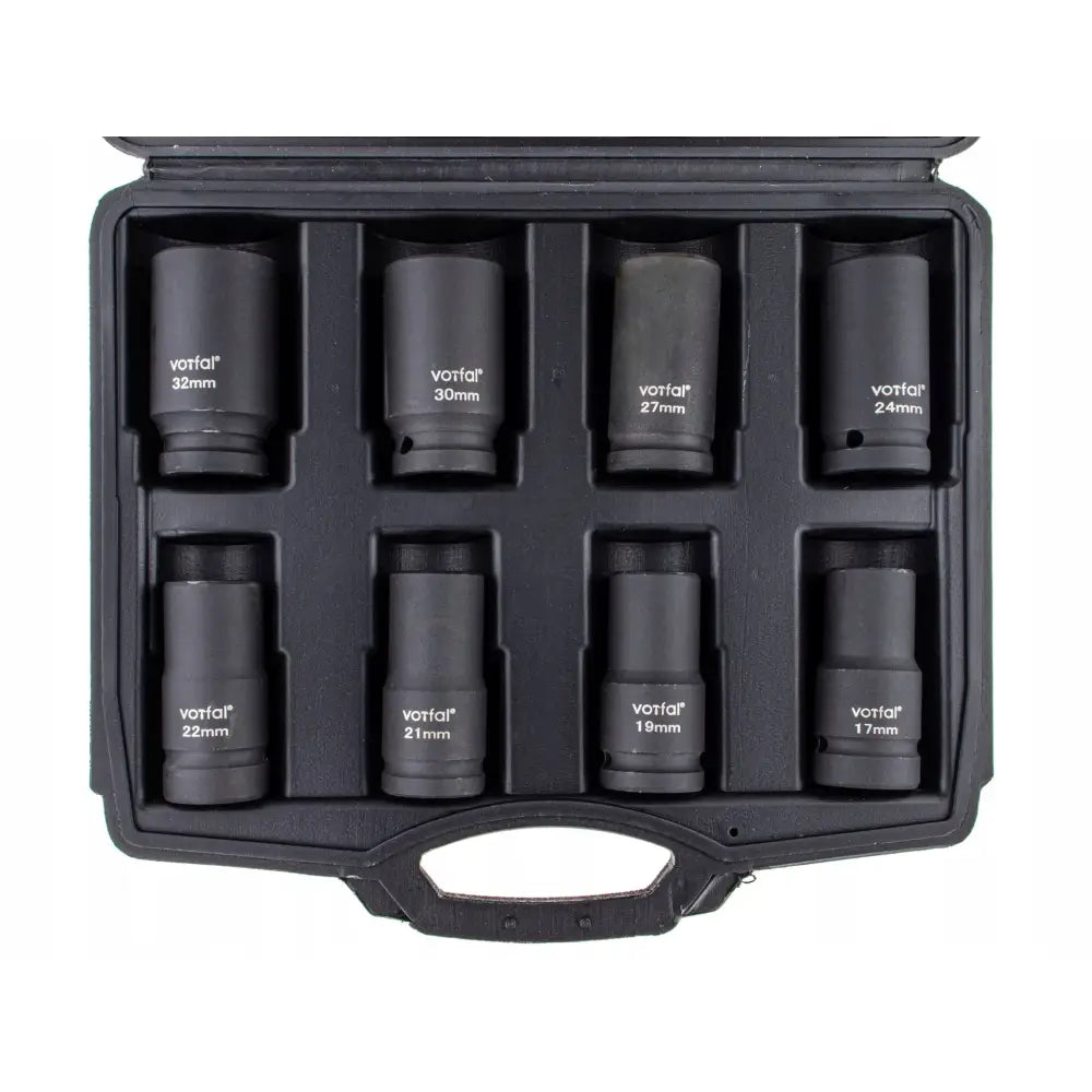 Slagpipesett 3/4", åtte mørke pipenøkler i ulike størrelser i sort plastkoffert sett ovenfra.