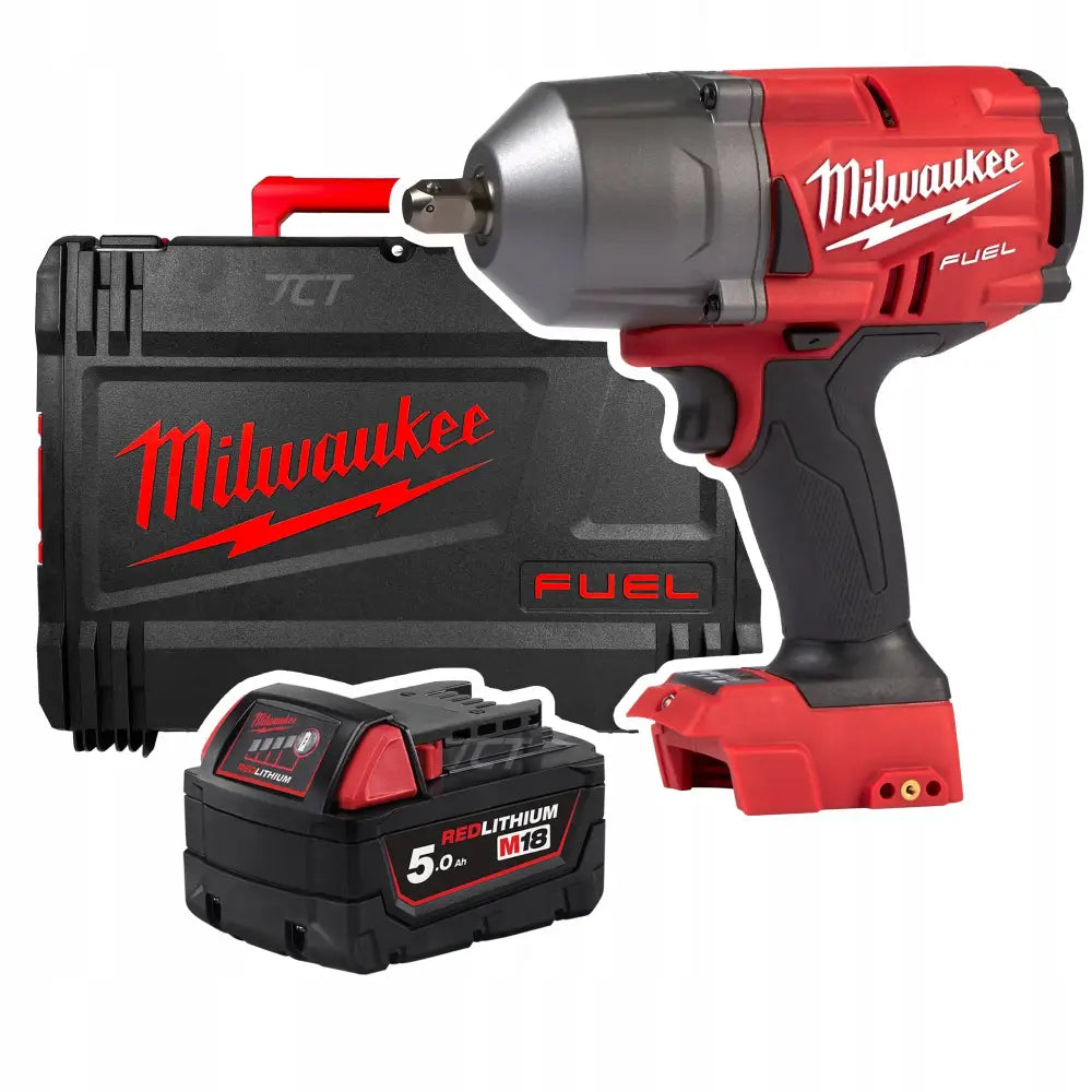 Slagtrekker 1/2" Milwaukee M18, sidevisning med koffert, 5.0Ah batteri og tydelige røde logodetaljer.