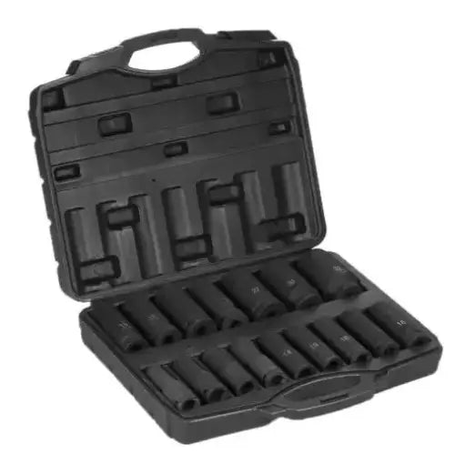 Slagpipesett til Dewalt slagtrekker, sort etui åpent fra siden med piper ryddig organisert i rom.