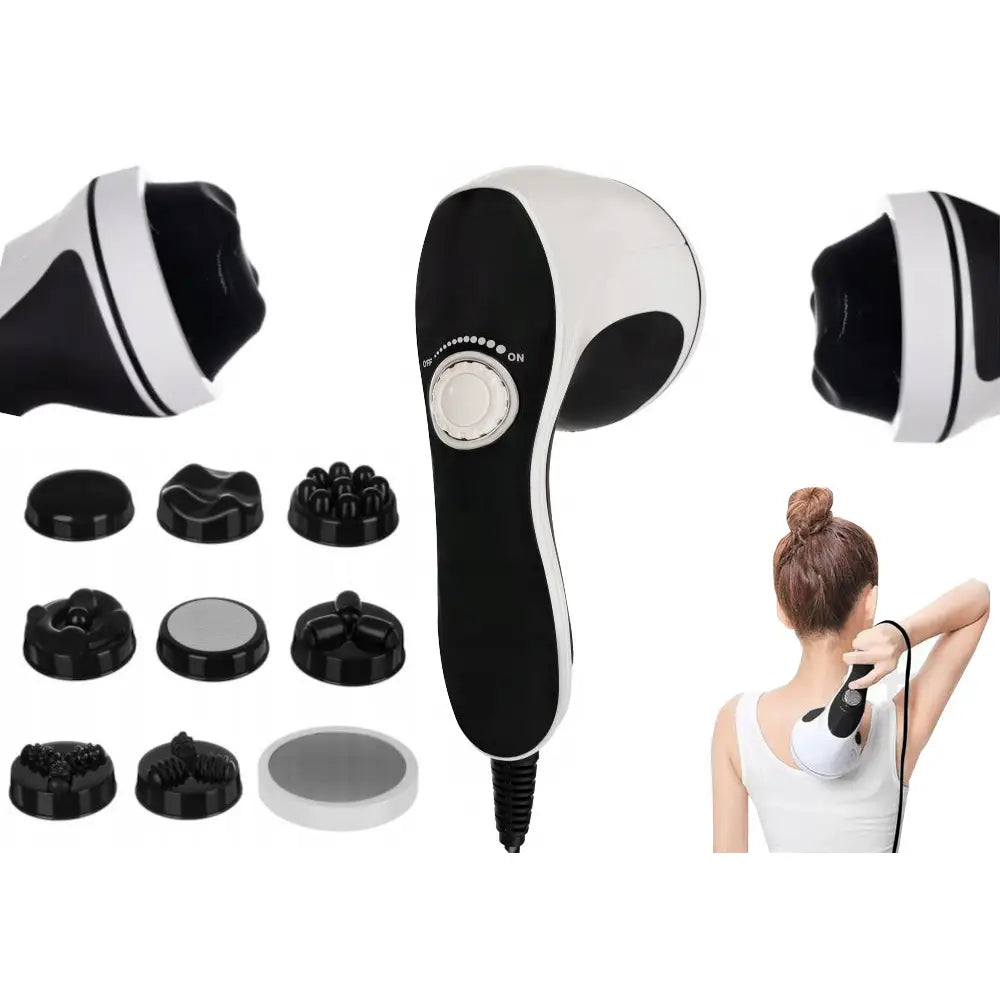 Slankende massasjeapparat for kropp og cellulitt, frontvisning med utskiftbare hoder brukt på rygg.