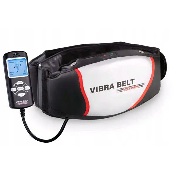 Massasjeapparat med sauna-effekt Genius, frontbilde av svart og hvitt belte med røde detaljer og fjernkontroll.