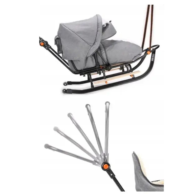 Slede for barn Teogigi med grå ramme, justerbar ryggstøtte og kalesje, sidevisning med ryggvinkel-illustrasjon.