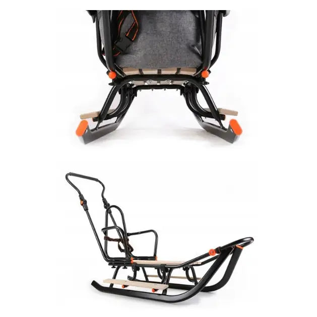 Slede for barn Teogigi, bak- og sidevisning med sikkerhetssele, tresete, håndmuffe og LED-detaljer.