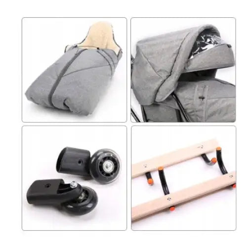 Slede for barn Teogigi, collage med nærbilder av vognpose, hette, svingbare hjul og treramme med detaljer.