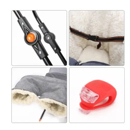 Slede for barn Teogigi, detaljbilder av justerbar komponent, sele, plysjfôr og LED-detalj.