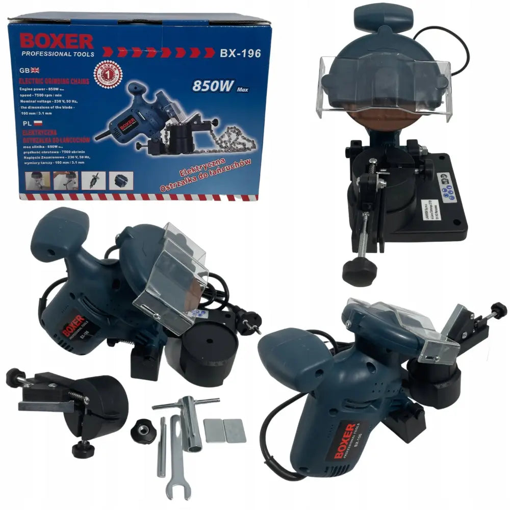 Slipemaskin for kjede 850 W, elektrisk modell med beskyttelsesskjerm, tilbehør og original eske i bakgrunnen.