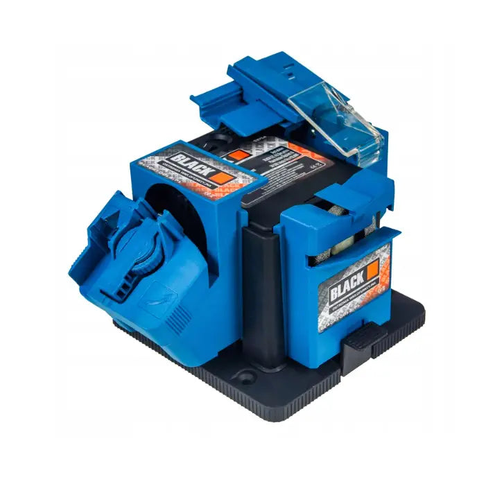 Slipemaskin for kniver, bor og saks 3-i-1, blå modell med oransje detaljer og justerbare fester, skrå vinkel.