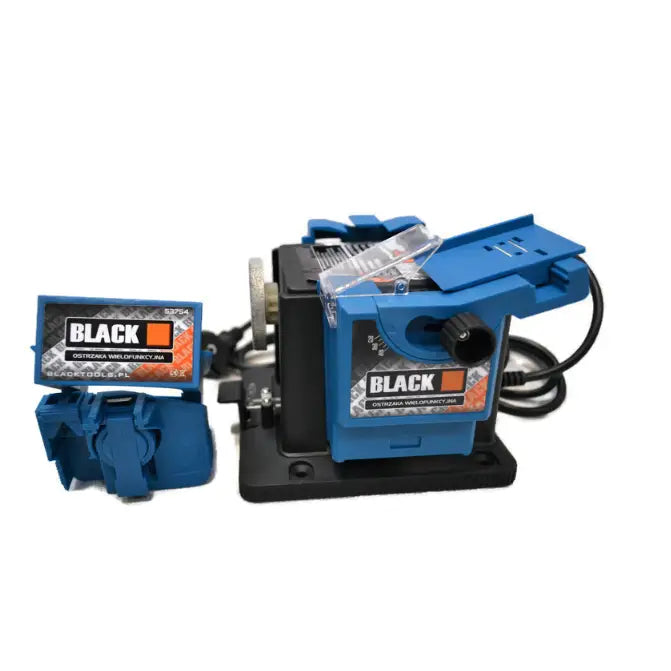 Slipemaskin for kniver, bor og saks, blå og sort modell med synlig ledning og tilbehør fra skrå vinkel.