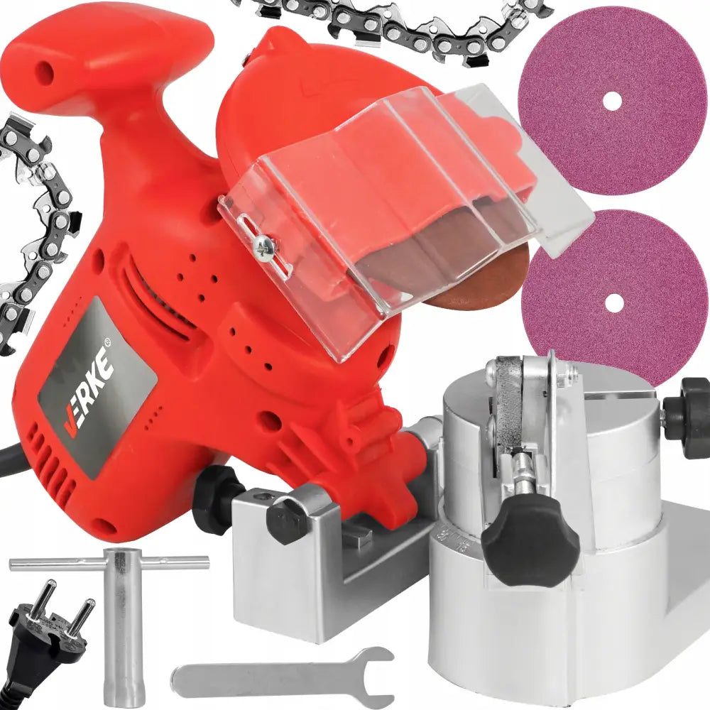 Slipemaskin for sagkjeder 230V, sidevisning med rødt hus, to slipehjul og kjeder mot hvit bakgrunn.