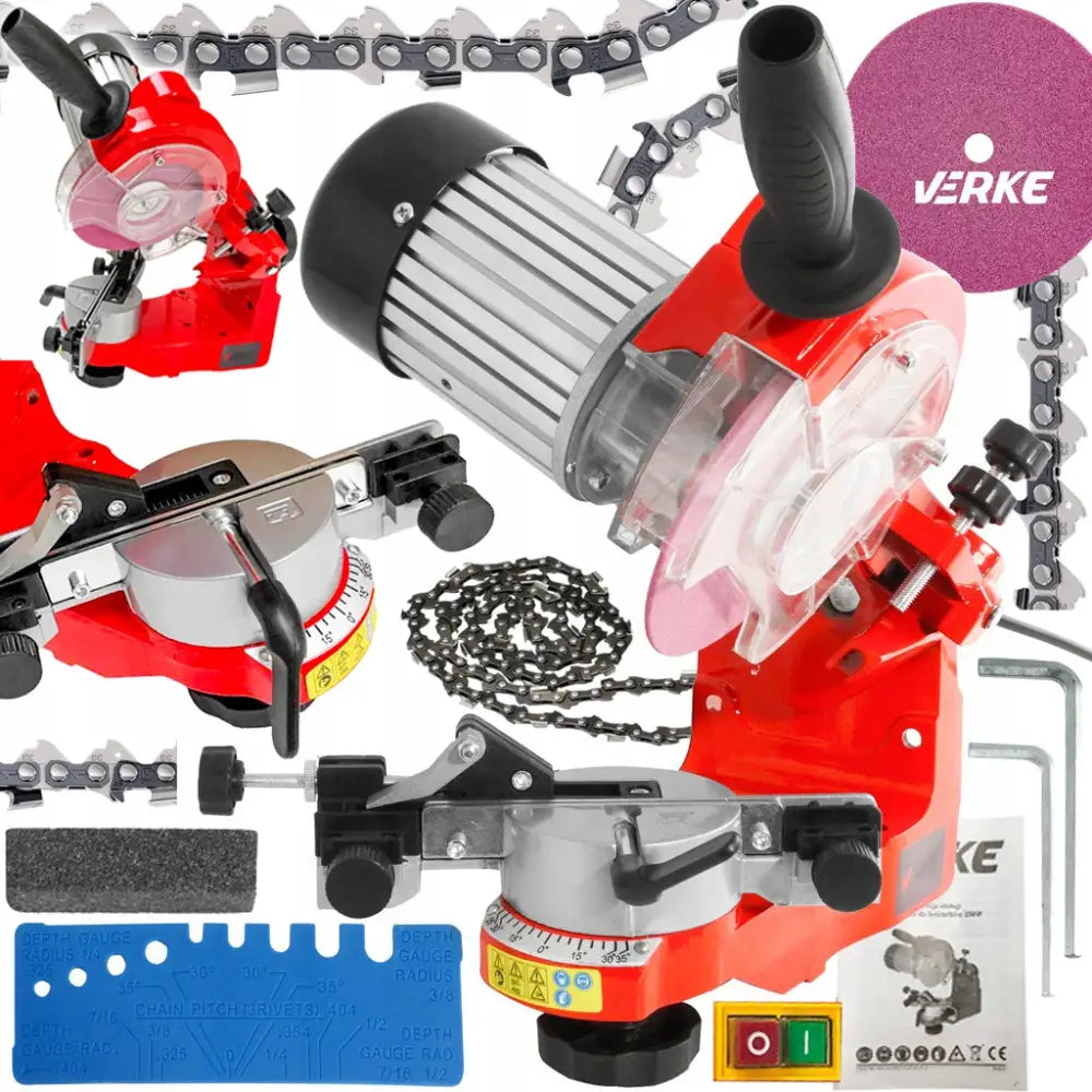 Slipemaskin for sagkjeder, sidevisning med rødt håndtak, synlig slipehjul og medfølgende tilbehør.