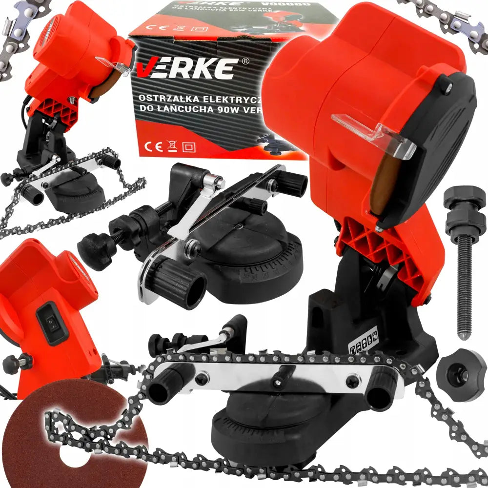 Elektrisk kjedesliper i rød og svart, nærbilde av slipehode, kjede og justeringsskruer på arbeidsbord.