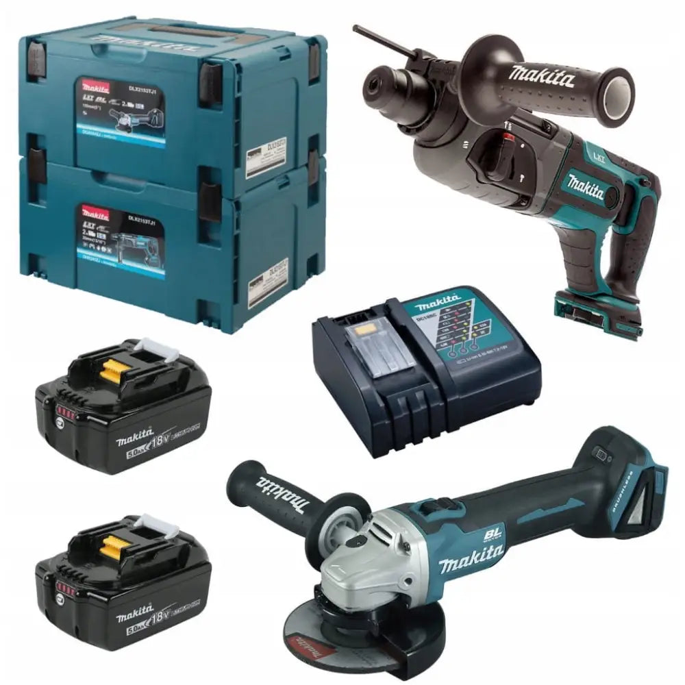 Slipesett for hammerboremaskin fra Makita med vinkelsliper, borhammer, lader, batterier og oppbevaringskofferter.