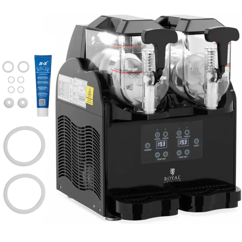 Slush Sorbet Dual Slush Machine med to gjennomsiktige tanker, digitale display og tilbehør ved siden av.