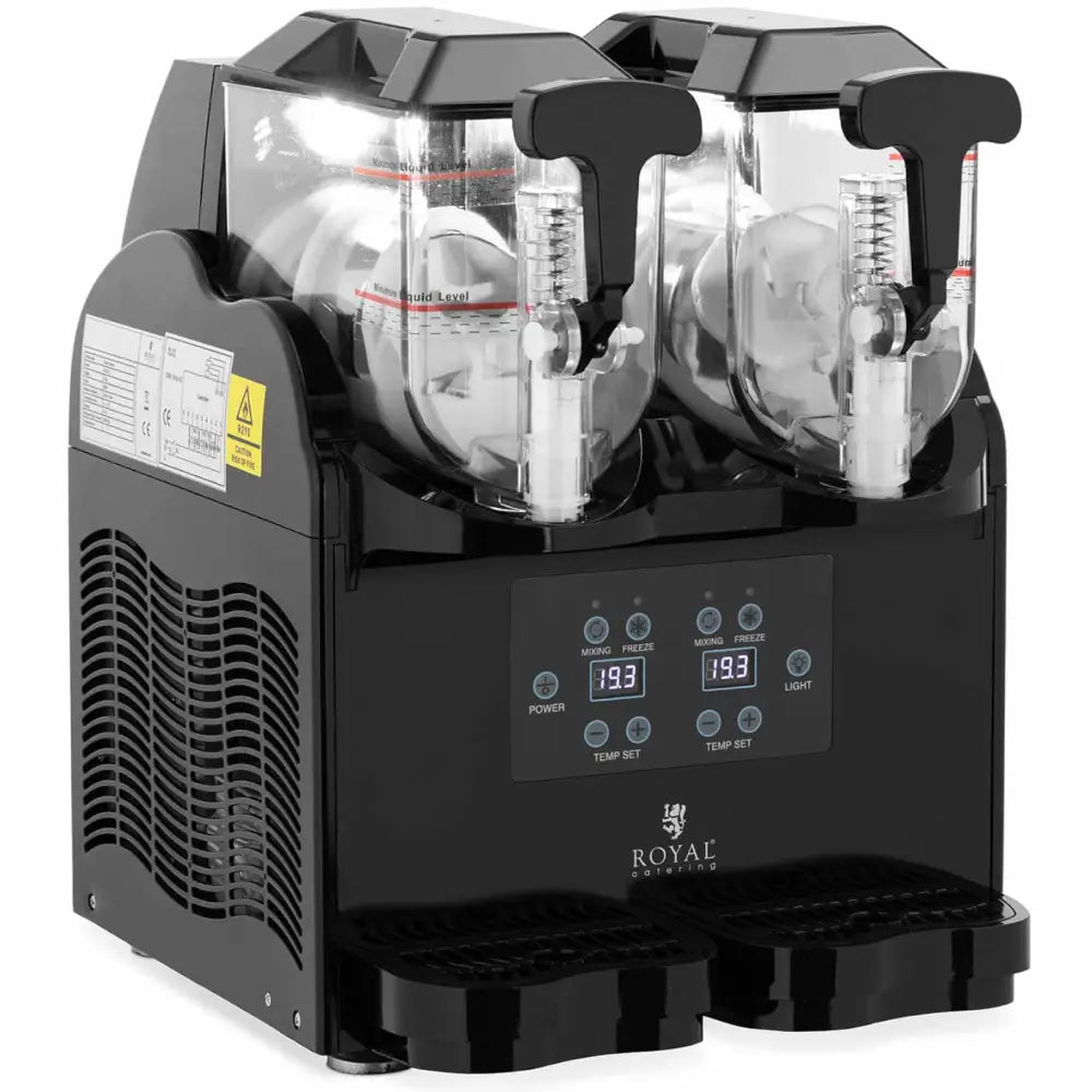 Slush Sorbet Dual Slush Machine, skrå venstreside med to klare beholdere, sorte håndtak og digitalt panel.