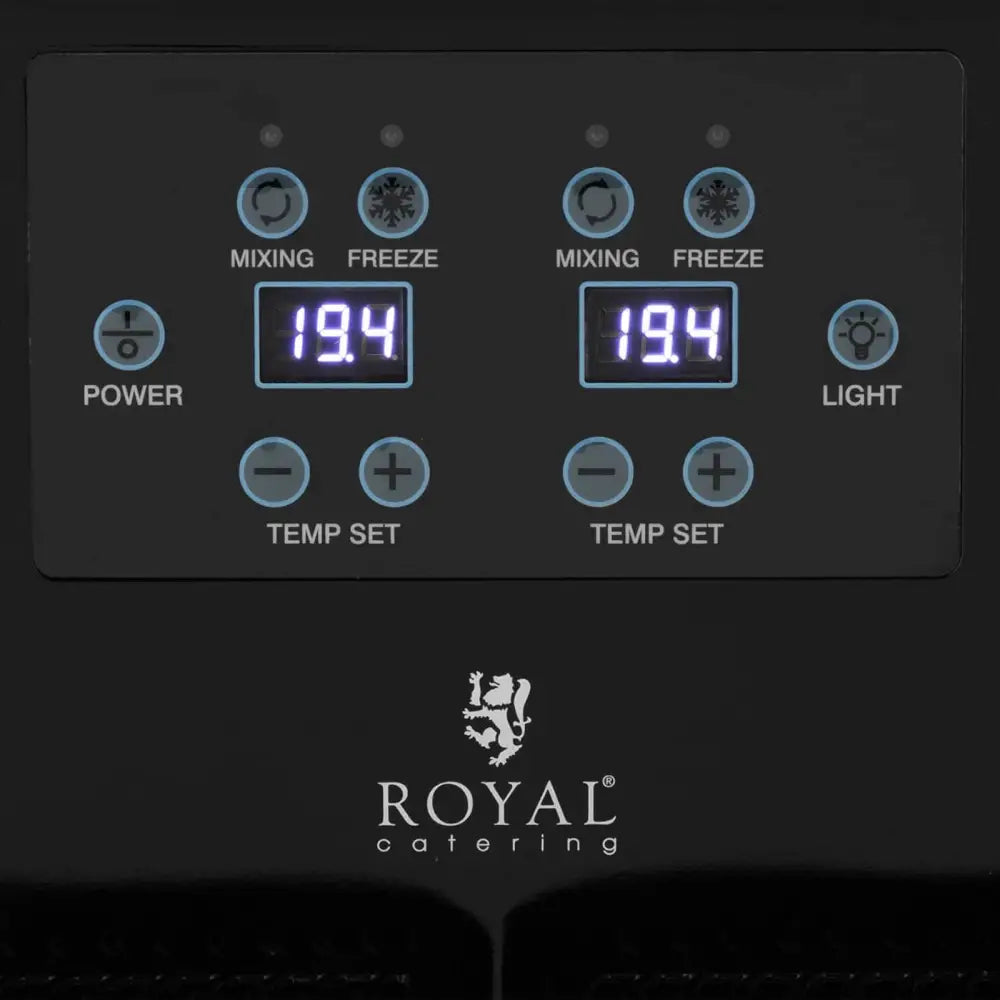 Digitalt kontrollpanel på Slush Sorbet Dual Slush Machine, med blå knapper og temperaturdisplay, sett forfra.