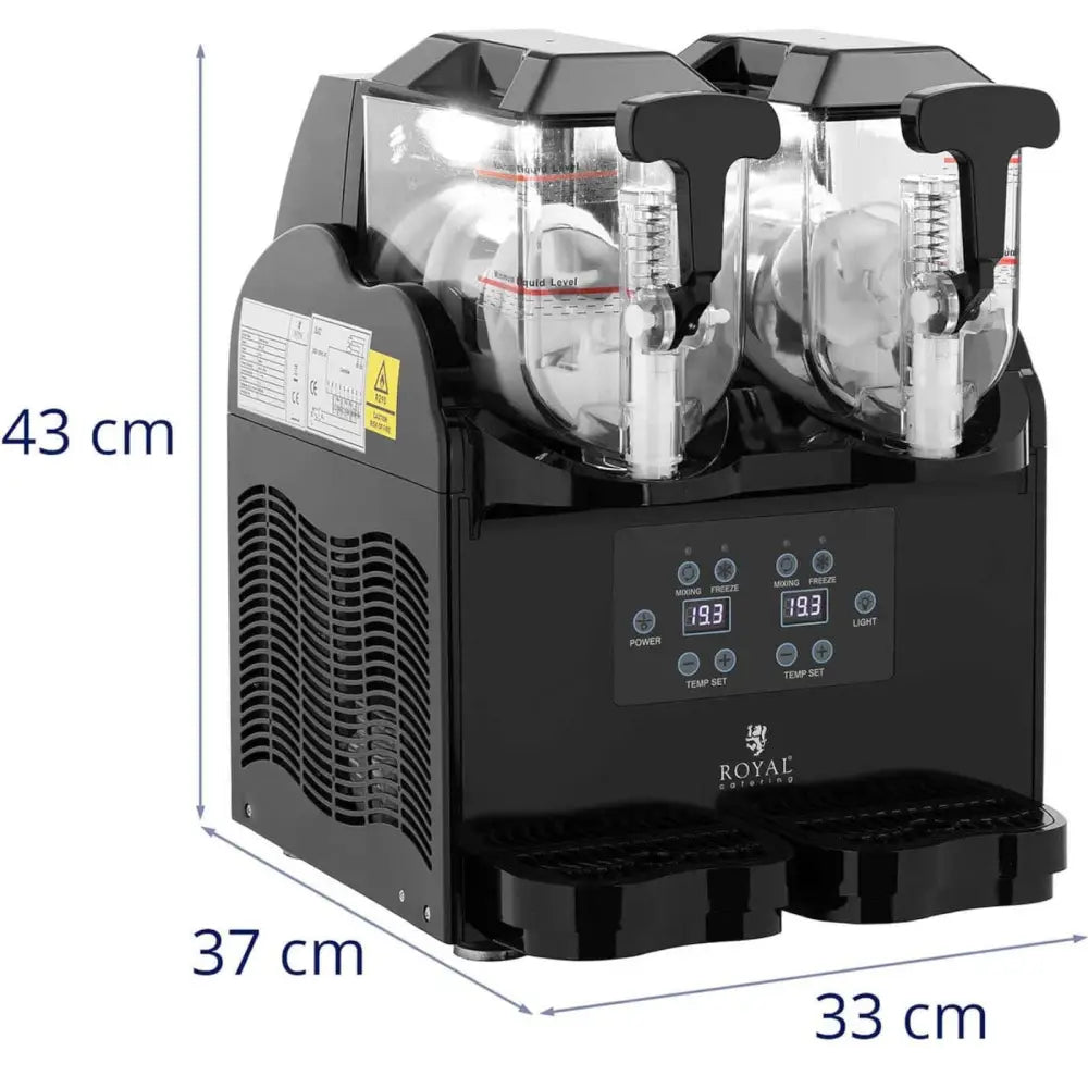 Slush Sorbet Dual Slush Machine, høyrevinklet visning med to transparente beholdere og synlige målangivelser.