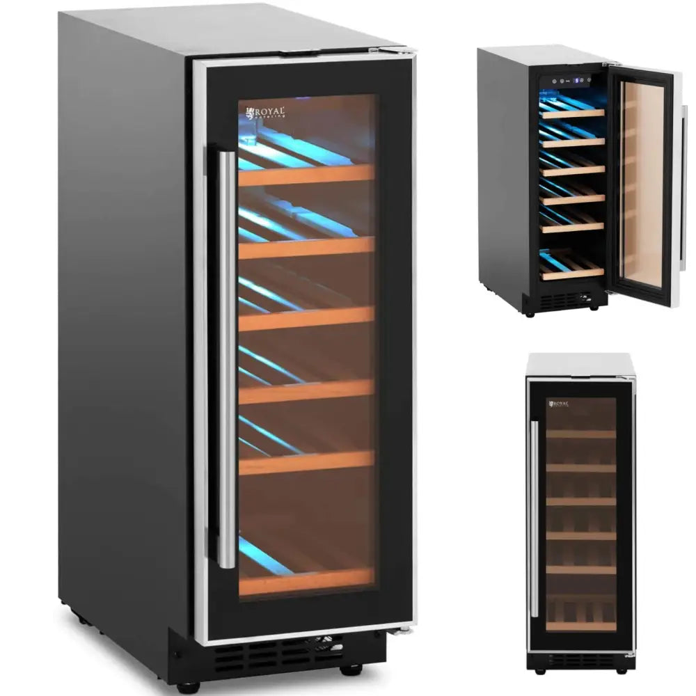 Smal vinkjøler med glassdør, seks LED-belyste trehyller og synlig blå innvendig belysning, døren åpen.