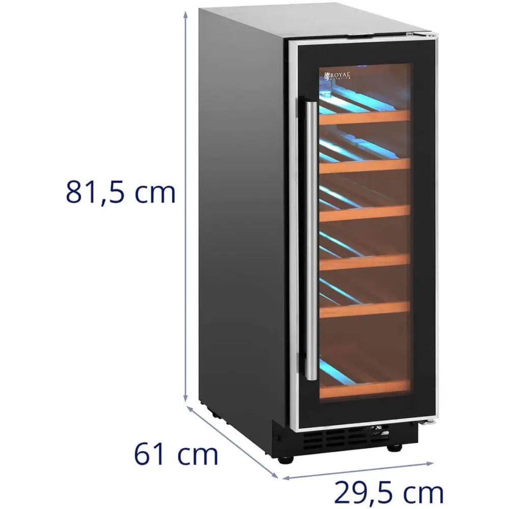 Smal vinkjøler med seks LED-hyller, glassdør og målmarkeringer, sett fra skrå vinkel.