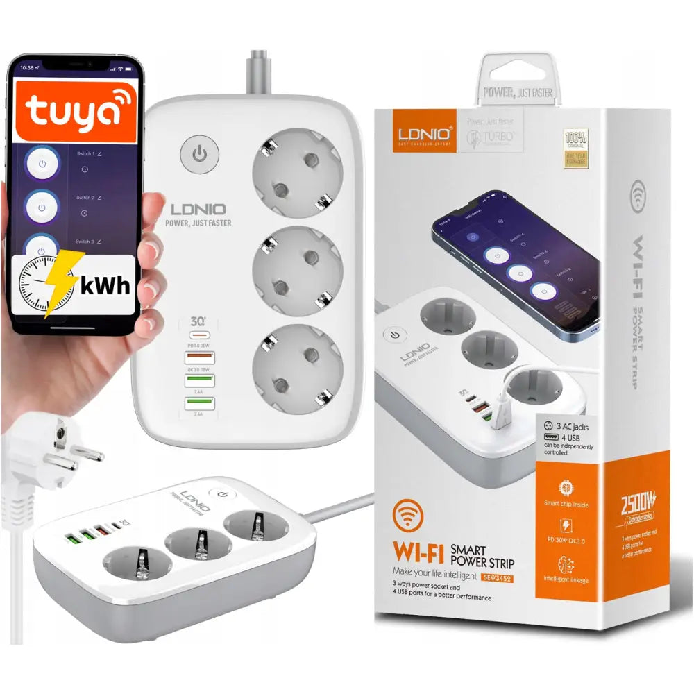 Smart WiFi-listestrip med tre stikkontakter, fire USB-porter, appvisning og emballasje fra toppen.