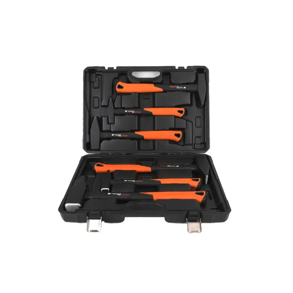 Smedhammer sett med seks deler, oransje håndtak, arrangert i åpen svart koffert med tilpassede rom.