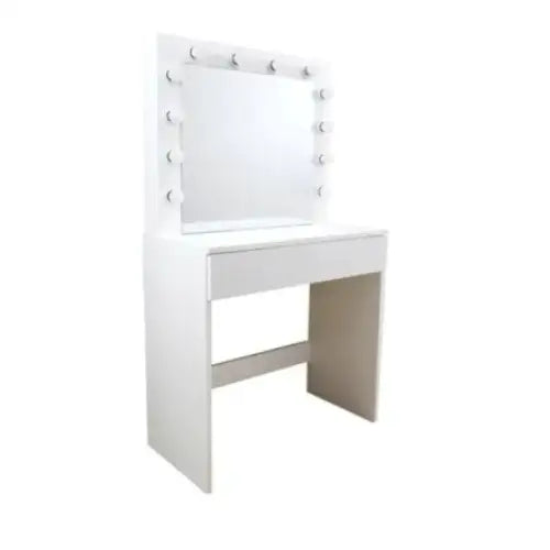 Sminkebord Broadway med speil, LED-lys rundt rammen og synlig skuff, sett fra skrå vinkel.