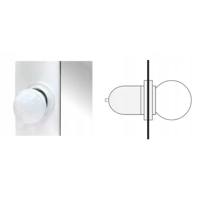 Sminkebord Broadway, nærbilde av hvit rund dørknott på skapdør med illustrasjon fra siden.