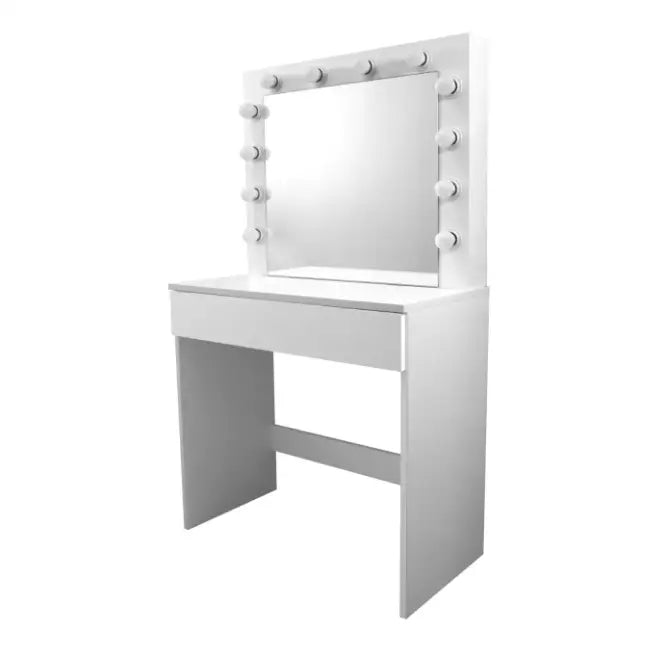 Sminkebord Broadway, sidevisning med stort speil og ti LED-lys, bred skuff under hvit bordplate.