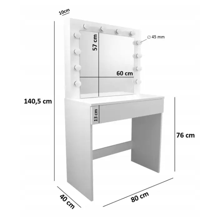 Sminkebord Broadway med speil og LED, skråvisning med mål på bordplate og speil tydelig markert.