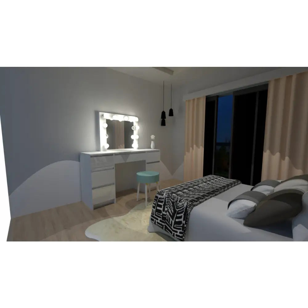 Sminkebord i hvitt med LED-speil, lyseblå krakk og sminkeartikler, plassert i moderne soverom.