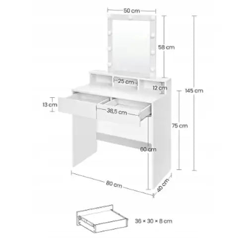 Sminkebord i hvitt med LED-speil, frontvisning med målmarkeringer på skuffer, speil og benkehøyde.