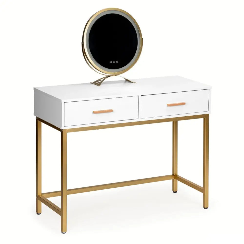 Sminkebord i loft-stil med to hvite skuffer, gullhåndtak og ben, samt rundt LED-speil med gullramme.