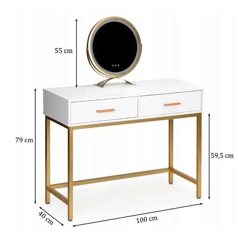Sminkebord i loft-stil med LED-speil, hvit overflate, gullben, to skuffer og rund speil, målestreker synlig.