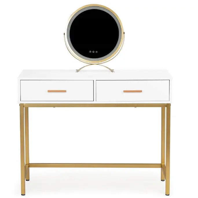 Sminkebord i loft-stil med LED-speil, hvit utførelse, to skuffer og gullben, frontvisning.