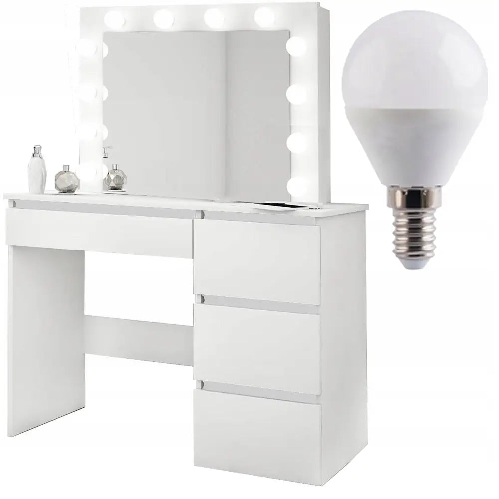 Sminkebord Iza med LED, skråvisning av speil med tent belysning og nærbilde av en makeup-pære.