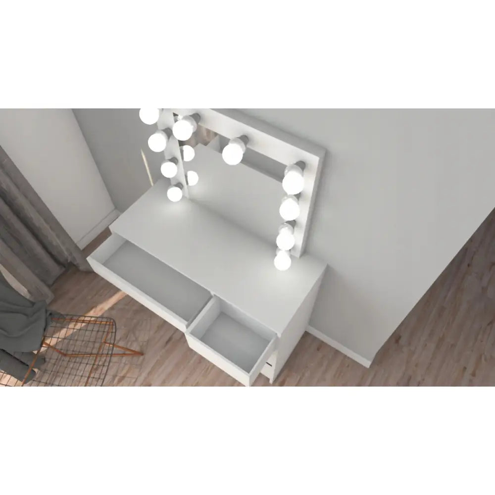 Sminkebord Iza med LED-lys, sett ovenfra, viser to åpne skuffer og speilramme med makeup-pærer.