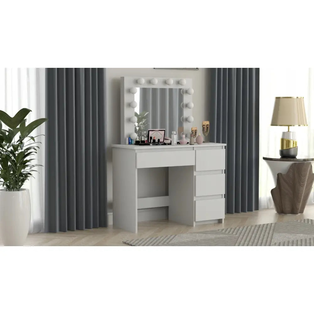 Sminkebord Iza med fire skuffer, stort speil med 12 LED-lys, plassert i lyst, moderne interiør.