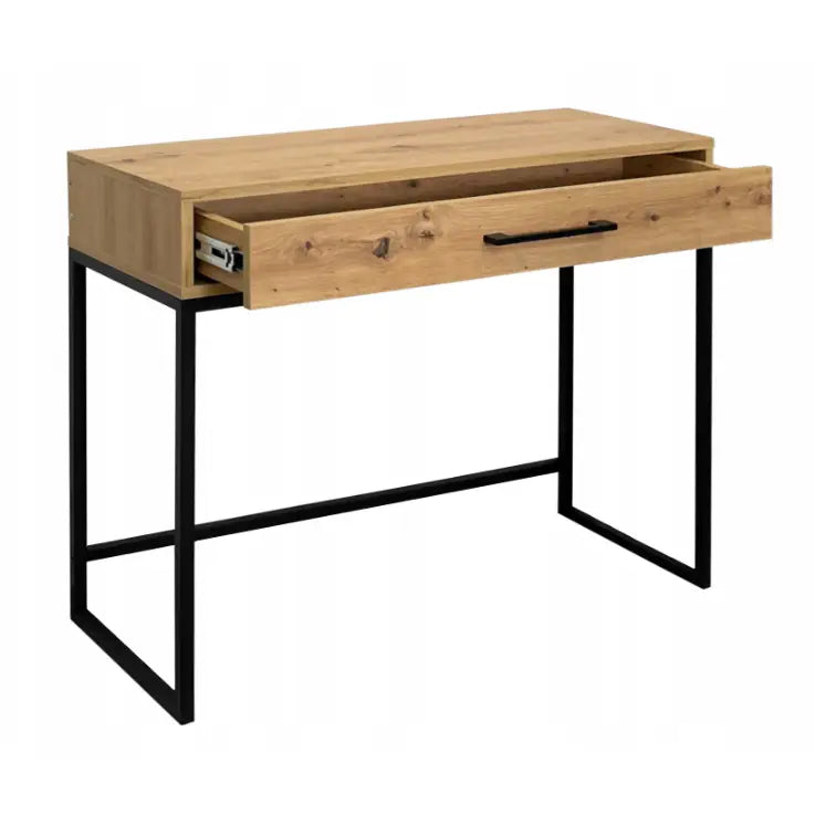 Sminkebord uten speil i eik, sidevisning med åpen skuff som viser metallskinner og svart ramme.