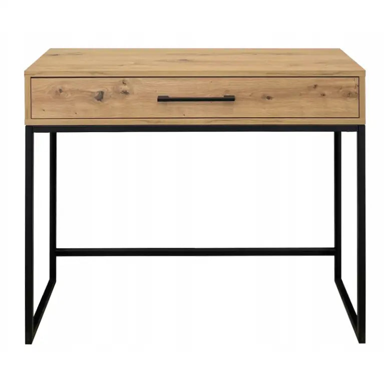 Sminkebord uten speil i eik, frontvisning med stor skuff og sort håndtak, lyst treverk og sort understell.