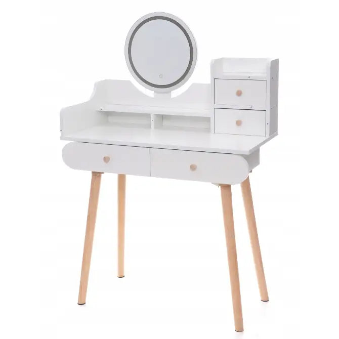 Sminkebord med LED-speil, hvit utførelse med seks skuffer og runde speil med lys, frontvisning.
