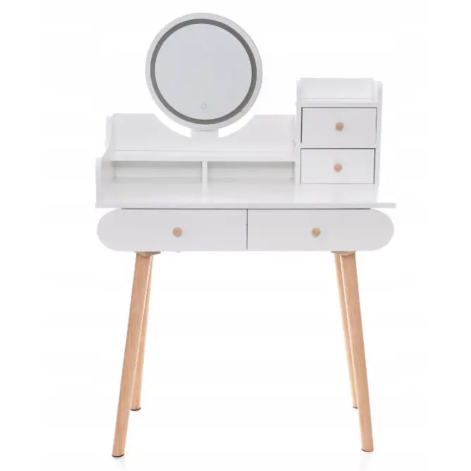 Sminkebord med LED-speil Scandi 05, frontbilde som viser runde speil, to skuffer og åpne oppbevaringsrom.