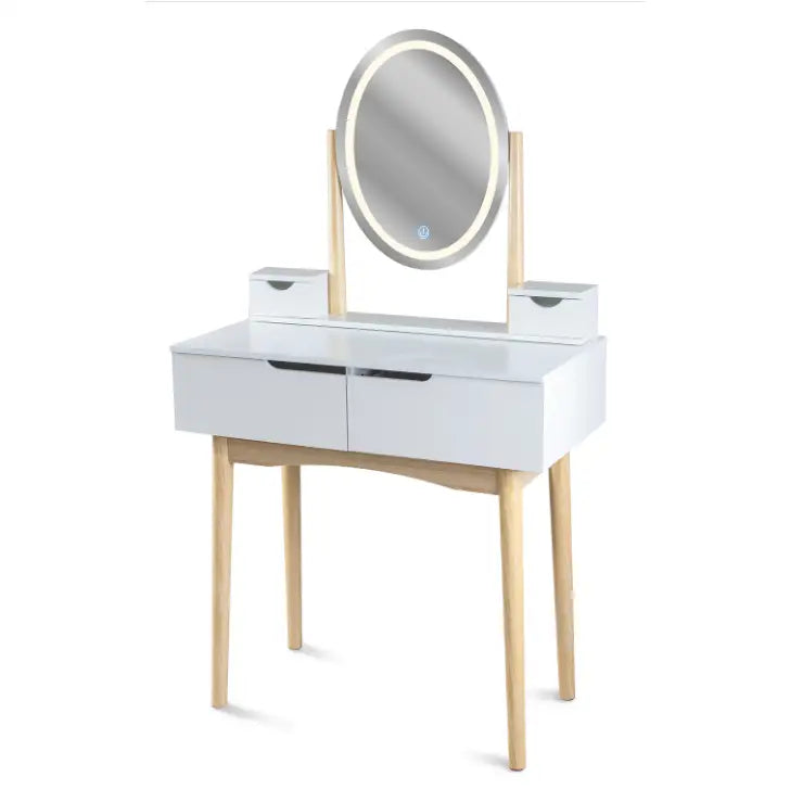 Sminkebord med LED-speil i skandinavisk stil, frontvisning med ovalt speil og romslige skuffer på hvite ben.
