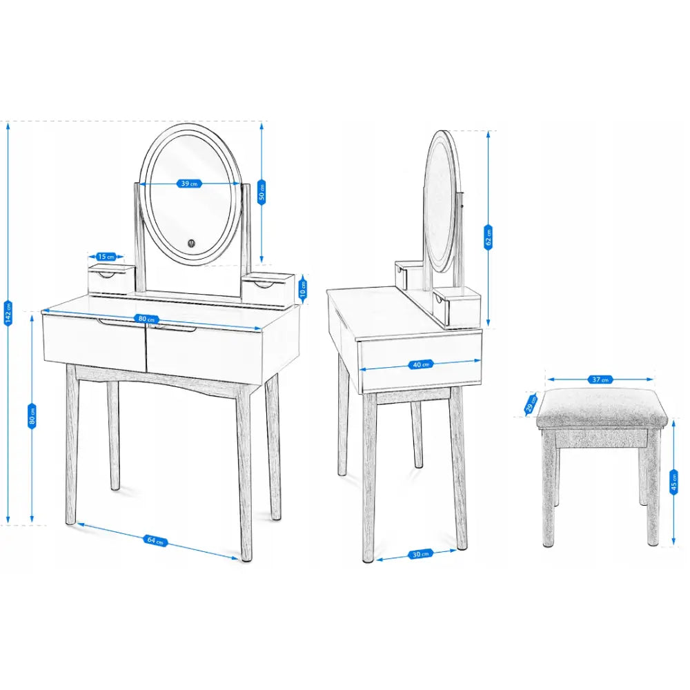 Sminkebord med LED-speil i skandinavisk stil, oversiktsillustrasjon med mål og tilhørende krakk fra ulike vinkler.