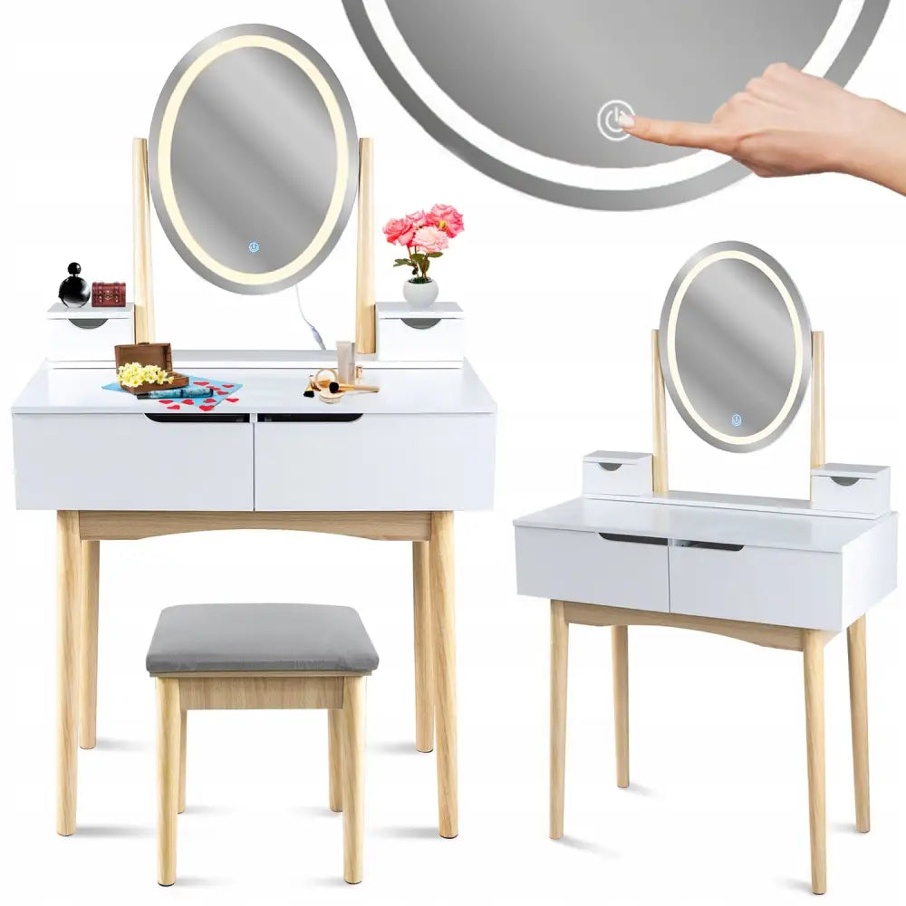 Sminkebord med LED-speil i skandinavisk stil, to skuffer, små hyller og grå krakk med touch-funksjon.