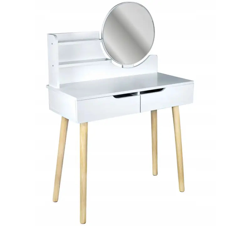 Sminkebord med speil i hvitt, to skuffer og runde speil, skrå vinkel fremhever lyse trefargede ben.