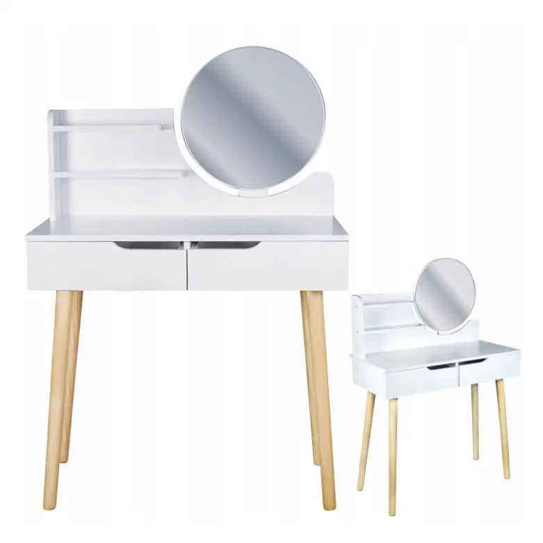 Sminkebord med speil, hvit utførelse med to skuffer, runde speil og åpne hyller, sett fra siden.