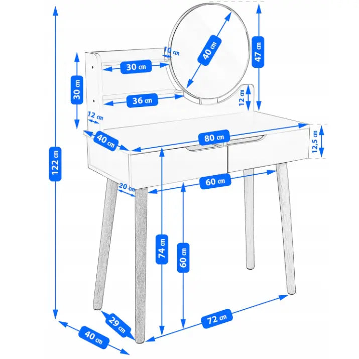 Sminkebord med speil Scandi, frontvisning med blå målmarkeringer som viser nøyaktige dimensjoner i cm.