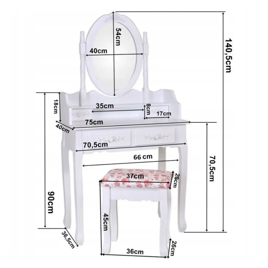 Hvit sminkebord med oval speil og blomstrete krakk, mål i centimeter synlig på bord og sete.