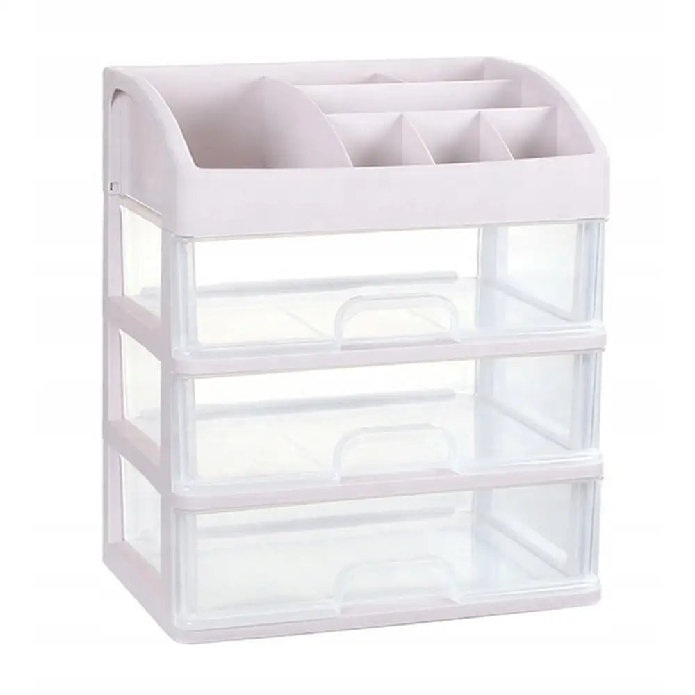 Sminkeorganisator med skuffer, hvit og transparent plast, tre skuffer og små rom på toppen, skrå vinkel.