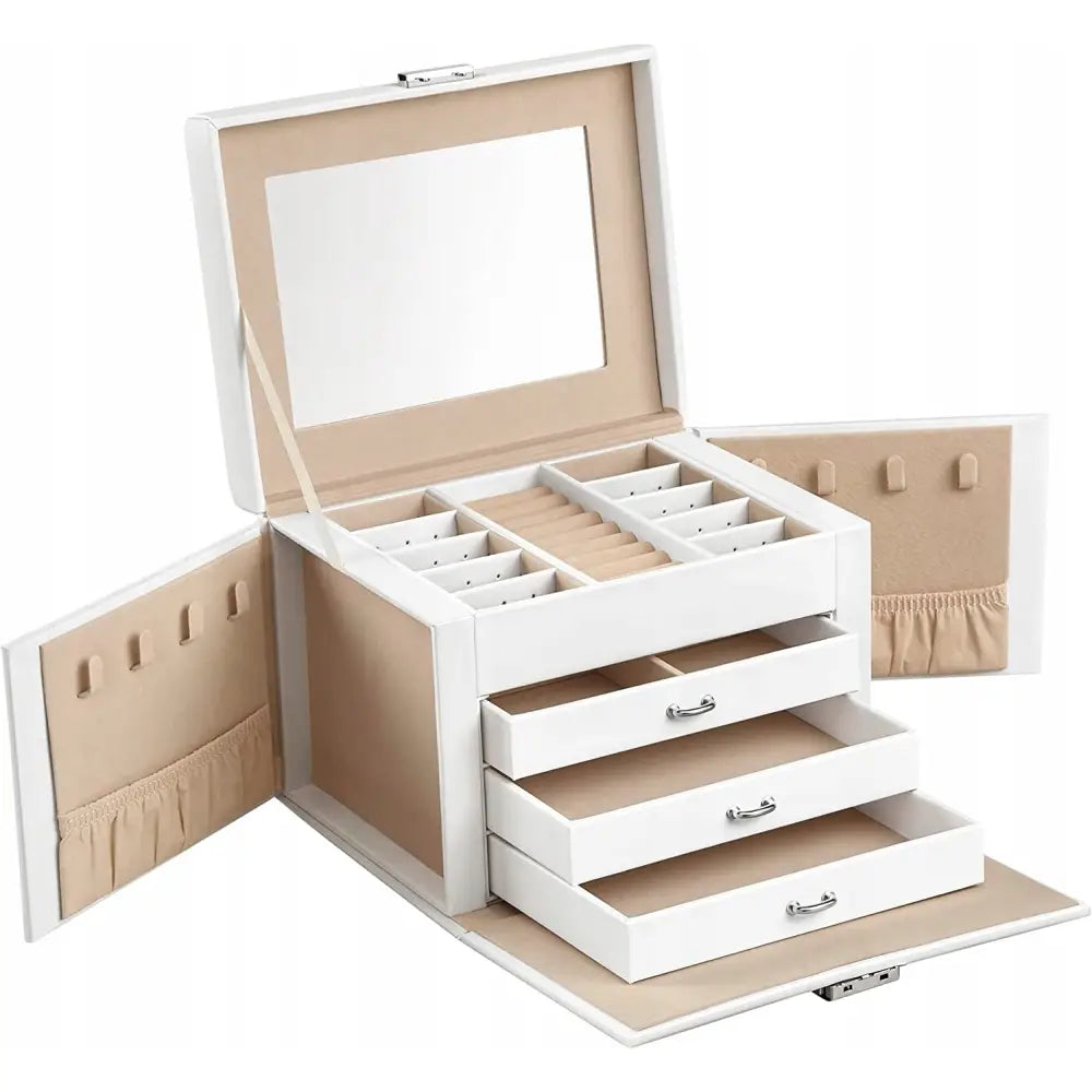 Smykkeskrin koffert i hvit kunstskinn med speil, flere rom, skuffer og lommer i lokket.